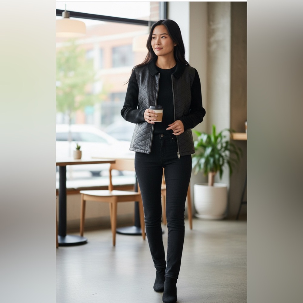 Dialogue Black Quilted Leather and sweater Jacket